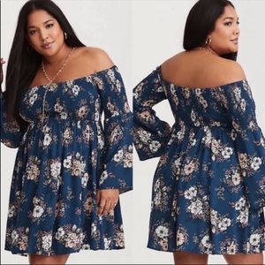 Teal Floral Smocked Challis Off Shoulder Dress Bell Sleeves